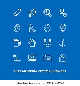 Modern, simple vector icon set on blue background with technology, search, office, nautical, coffee, ship, blue, button, business, pole, video, phone, character, wheel, loud, cup, stationary icons