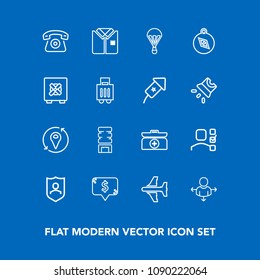 Modern, simple vector icon set on blue background with personal, telephone, office, task, plane, square, cell, parachuting, aircraft, cold, price, jump, kit, shield, technology, place, compass icons