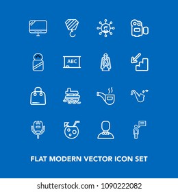 Modern, simple vector icon set on blue background with musical, classic, juice, vintage, microphone, communication, white, retail, person, trumpet, cocktail, construction, technology, glass, buy icons