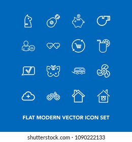 Modern, simple vector icon set on blue background with air, building, music, bike, internet, game, cool, investment, communication, cloud, bus, estate, home, technology, butterfly, wheel, white icons