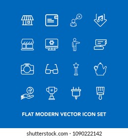 Modern, simple vector icon set on blue background with building, tea, power, purse, investment, competition, electric, hot, web, kettle, music, paint, handle, medal, dollar, internet, technology icons