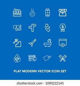 Modern, simple vector icon set on blue background with up, bathroom, time, white, vehicle, dump, necklace, paddle, environment, web, modern, research, tree, laboratory, medicine, love, musical icons