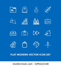 Modern, simple vector icon set on blue background with violoncello, place, white, home, edible, fashion, road, travel, musical, character, player, audio, gift, present, cartoon, people, rewind icons