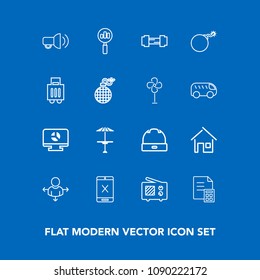 Modern, simple vector icon set on blue background with template, building, cap, exercise, communication, home, financial, cafe, gym, direction, light, travel, sport, table, bar, pub, cancel, hat icons