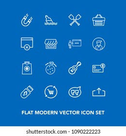 Modern, simple vector icon set on blue background with paddle, field, chat, magnetic, water, balance, sound, card, drink, storage, gift, sale, canoe, retail, liquid, credit, musical, boat, oar icons