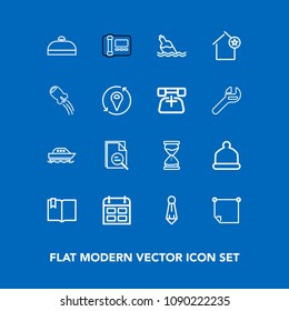 Modern, simple vector icon set on blue background with stationary, paper, clock, liquid, head, hourglass, zoom, book, home, schedule, trip, luggage, calendar, tie, clean, phone, open, hat, yacht icons