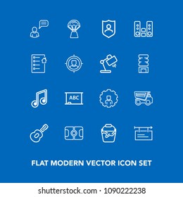 Modern, simple vector icon set on blue background with bucket, chat, internet, account, poster, protect, vehicle, soccer, shield, note, musical, black, sky, board, sport, mobile, web, stadium icons