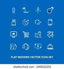 Modern, simple vector icon set on blue background with travel, box, water, direction, location, baja, yacht, tool, support, big, trolley, map, sea, flight, ocean, microphone, road, trash, beach icons