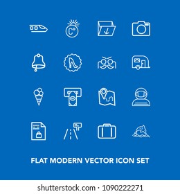 Modern, simple vector icon set on blue background with transport, atm, supermarket, astronaut, sign, travel, dessert, train, list, road, cash, cosmonaut, thermometer, railway, notebook, bank icons