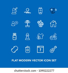 Modern, simple vector icon set on blue background with guitar, time, nature, game, unknown, web, sunrise, plug, computer, bin, communication, cable, usb, white, can, chessboard, space, horse icons