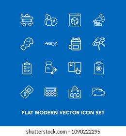 Modern, simple vector icon set on blue background with buy, van, open, list, online, click, retail, pin, checklist, medical, hotel, food, button, tower, fashion, vitamin, domino, vehicle, white icons