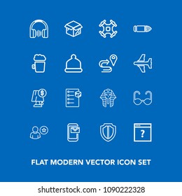 Modern, simple vector icon set on blue background with technology, audio, protection, control, web, aerial, online, mail, unknown, security, box, new, phone, electricity, egypt, sound, stereo icons