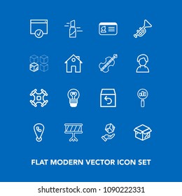 Modern, simple vector icon set on blue background with bugle, identity, fashion, phone, find, page, box, lamp, id, electric, music, name, bulb, cargo, aerial, order, document, lightbulb, makeup icons