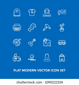 Modern, simple vector icon set on blue background with character, space, location, presentation, nature, tshirt, human, house, tv, typography, sport, sunrise, satellite, print, road, van, string icons