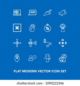 Modern, simple vector icon set on blue background with online, user, switch, internet, concept, construction, message, technology, aircraft, location, bulb, sign, map, money, mushroom, web, lamp icons