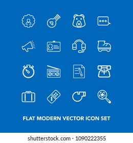 Modern, simple vector icon set on blue background with paper, travel, folk, object, domino, online, timer, communication, musical, telephone, record, music, baggage, game, time, whistle, luggage icons
