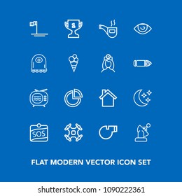 Modern, simple vector icon set on blue background with whistle, retro, television, helicopter, video, mobile, pie, object, sport, star, blue, business, place, award, tobacco, communication, sign icons