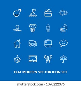Modern, simple vector icon set on blue background with bus, audio, home, package, meeting, protection, shorts, speech, umbrella, sea, bag, template, move, building, open, box, life, wear, buoy icons