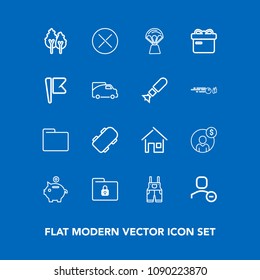 Modern, simple vector icon set on blue background with user, balloon, work, folder, finance, environment, coin, house, investment, close, wear, safety, gift, landscape, uniform, travel, clothing icons