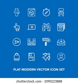 Modern, simple vector icon set on blue background with personal, travel, roller, airplane, fashion, bag, table, sign, roll, email, object, chair, style, sound, aircraft, paint, north, tool, lamp icons