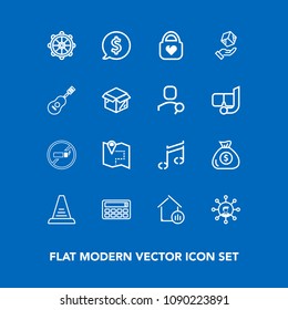 Modern, simple vector icon set on blue background with technology, sign, display, white, label, pin, button, leather, note, property, road, addiction, tag, nautical, no, screen, concept, real icons