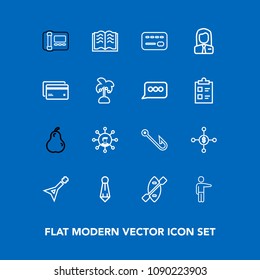 Modern, simple vector icon set on blue background with card, employer, education, fashion, literature, hook, fruit, musical, oar, communication, technology, fishing, paddle, canoe, bank, people icons
