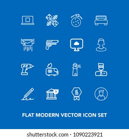 Modern, simple vector icon set on blue background with work, bedroom, global, banking, television, ocean, winner, planet, drill, bank, travel, pencil, machine, lighthouse, user, first, place, tv icons