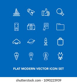 Modern, simple vector icon set on blue background with business, people, sky, parachute, yacht, pin, sea, map, craft, bikini, falling, location, nuclear, spaceship, space, jump, cream, creative icons