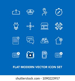 Modern, simple vector icon set on blue background with hat, email, chat, favorite, construction, road, apartment, direction, map, camera, speech, message, contract, web, home, finance, roof, bag icons