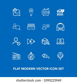 Modern, simple vector icon set on blue background with tv, antenna, holiday, technology, trend, road, travel, statistic, web, voice, east, internet, karaoke, falling, rewind, location, radio icons