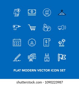 Modern, simple vector icon set on blue background with business, tropical, lens, write, nature, education, video, summer, sign, calendar, light, account, time, clothing, work, bank, interior icons