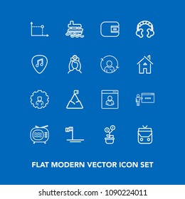 Modern, simple vector icon set on blue background with television, mexico, audio, sound, video, cash, technology, boat, investment, business, sign, account, male, finance, geometry, tree, beach icons