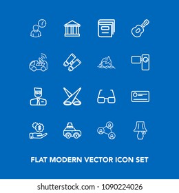 Modern, simple vector icon set on blue background with display, bulb, car, lamp, musical, backdrop, scene, spotlight, cheque, tourism, music, payment, education, suitcase, book, luggage, clock icons