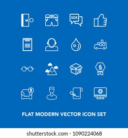 Modern, simple vector icon set on blue background with wear, pen, landscape, business, sos, unpacking, technology, box, sign, cardboard, document, mountain, furniture, nature, eyeglasses, sky icons