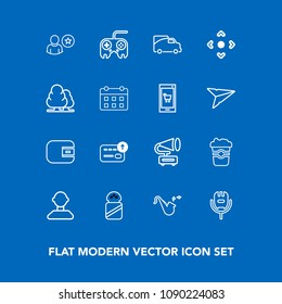 Modern, simple vector icon set on blue background with transport, retro, trumpet, profile, nature, van, karaoke, gramophone, bugle, salt, cafe, vintage, cash, finance, wallet, male, food, song icons