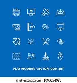 Modern, simple vector icon set on blue background with road, service, time, location, craft, machine, seafood, aircraft, canoe, fish, web, pin, schedule, template, download, white, water, ocean icons