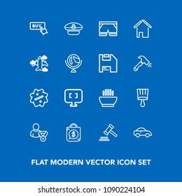 Modern, simple vector icon set on blue background with paintbrush, button, sale, price, laptop, car, white, paint, vehicle, sign, brush, taxi, cap, shorts, web, template, hat, internet, pc, law icons