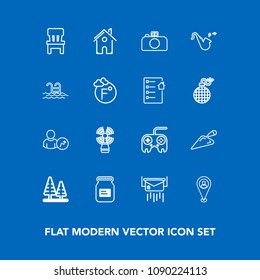 Modern, simple vector icon set on blue background with post, business, jazz, letter, container, mail, architecture, travel, tin, house, button, interior, sea, musical, arrow, comfortable, forest icons