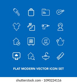 Modern, simple vector icon set on blue background with search, sink, home, people, kettle, file, present, safe, bag, water, folder, space, guitar, rocket, celebration, cloud, safety, saw, male icons