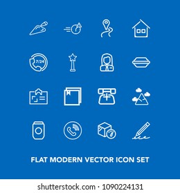 Modern, simple vector icon set on blue background with map, id, location, ring, shovel, landscape, pen, aluminum, equipment, route, container, package, card, identity, navigation, write, road icons