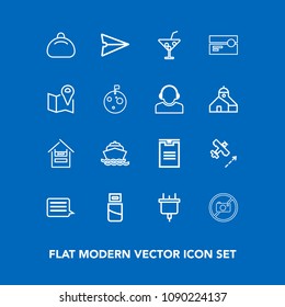 Modern, simple vector icon set on blue background with aircraft, juice, music, message, airplane, computer, sign, delivery, communication, usb, ocean, fashion, bag, store, cable, shipping, glass icons