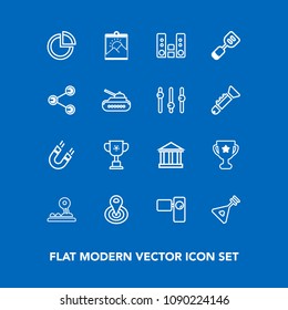 Modern, simple vector icon set on blue background with tourism, award, cycle, presentation, field, europe, movie, championship, pole, location, business, technology, web, cup, graph, pie, greek icons