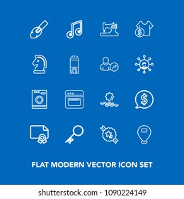 Modern, simple vector icon set on blue background with machine, landscape, location, key, craft, sun, sale, construction, music, tag, housework, award, sound, note, fashion, ribbon, sunrise, sew icons