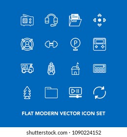 Modern, simple vector icon set on blue background with paper, vintage, lantern, tipper, wireless, headset, forest, blank, communication, concept, building, refresh, truck, home, reload, house icons