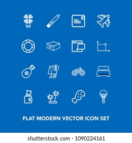 Modern, simple vector icon set on blue background with travel, lighthouse, money, bedroom, meal, guitar, fast, purse, wheel, beacon, palm, tropical, bicycle, sky, music, lamp, aircraft, jump icons
