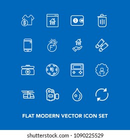 Modern, simple vector icon set on blue background with shop, kit, handle, drop, arrow, equipment, emergency, aid, property, video, real, film, finance, rail, blue, web, cost, online, risk, house icons