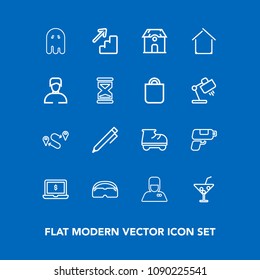 Modern, simple vector icon set on blue background with scary, hospitality, fear, home, service, glasses, summer, hotel, up, down, position, destination, map, horror, game, point, fun, notebook icons