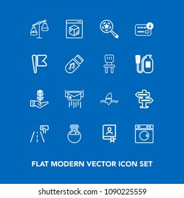 Modern, simple vector icon set on blue background with letter, equipment, post, surf, machine, technology, room, nature, surfer, laboratory, street, shipping, surfing, office, medicine, internet icons
