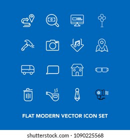 Modern, simple vector icon set on blue background with garbage, website, bin, vintage, fan, location, route, recycling, speed, search, sun, sunglasses, electric, speech, trash, building, bus icons