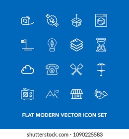 Modern, simple vector icon set on blue background with trumpet, electrical, table, online, cell, paddle, communication, bugle, tape, ribbon, home, light, cafe, house, jazz, new, unpacking, white icons